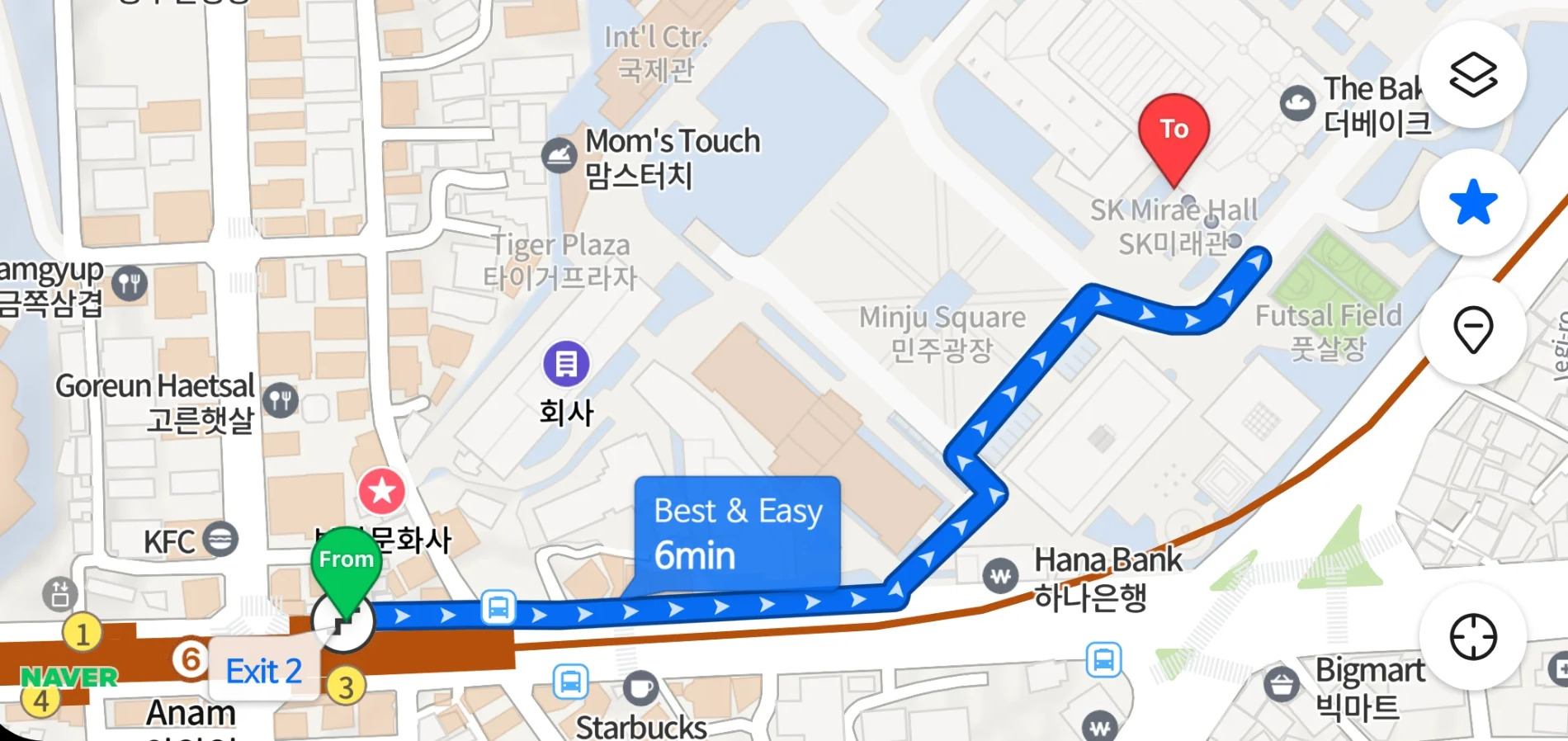 Walking route from Anam Station Exit 2 to SK Future Hall - 6 minutes